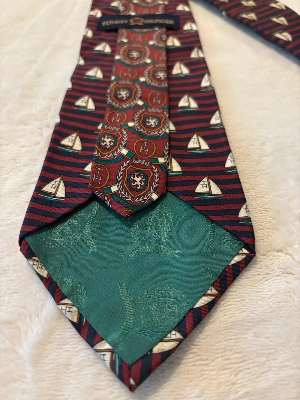 Vintage Tommy Hilfiger Red Blue 100% Italian Silk Made In USA Sail Boat Print